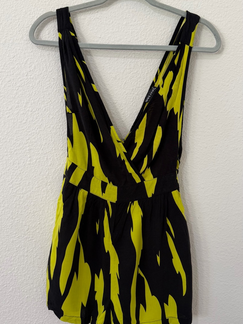 Wet Seal Black and Neon Yellow Patterned Deep V Bodysuit